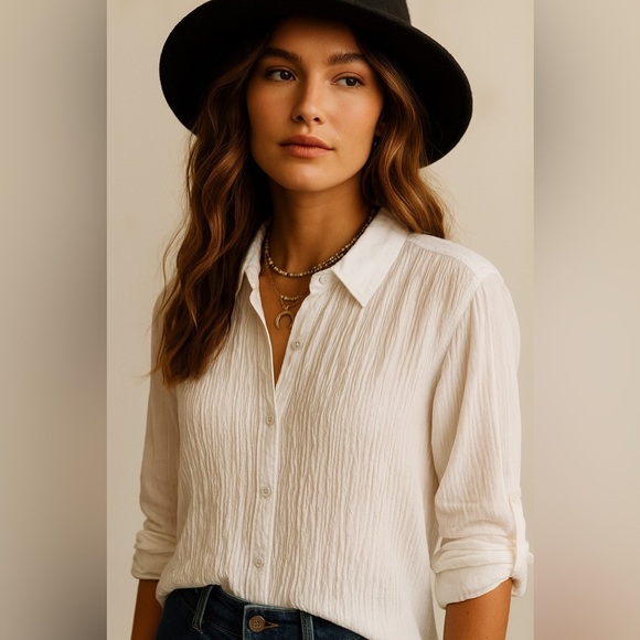 ✨ Anthropologie Pure White Crinkle Button-Down Tunic Shirt Size Small ✨ - Picture 10 of 10